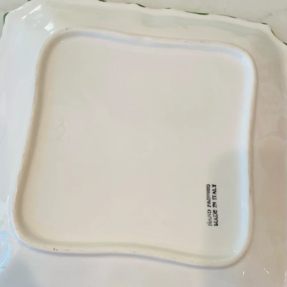 NWOT Set 2 Handpainted Christmas Tree Ceramic Platters Italy Square White Green
